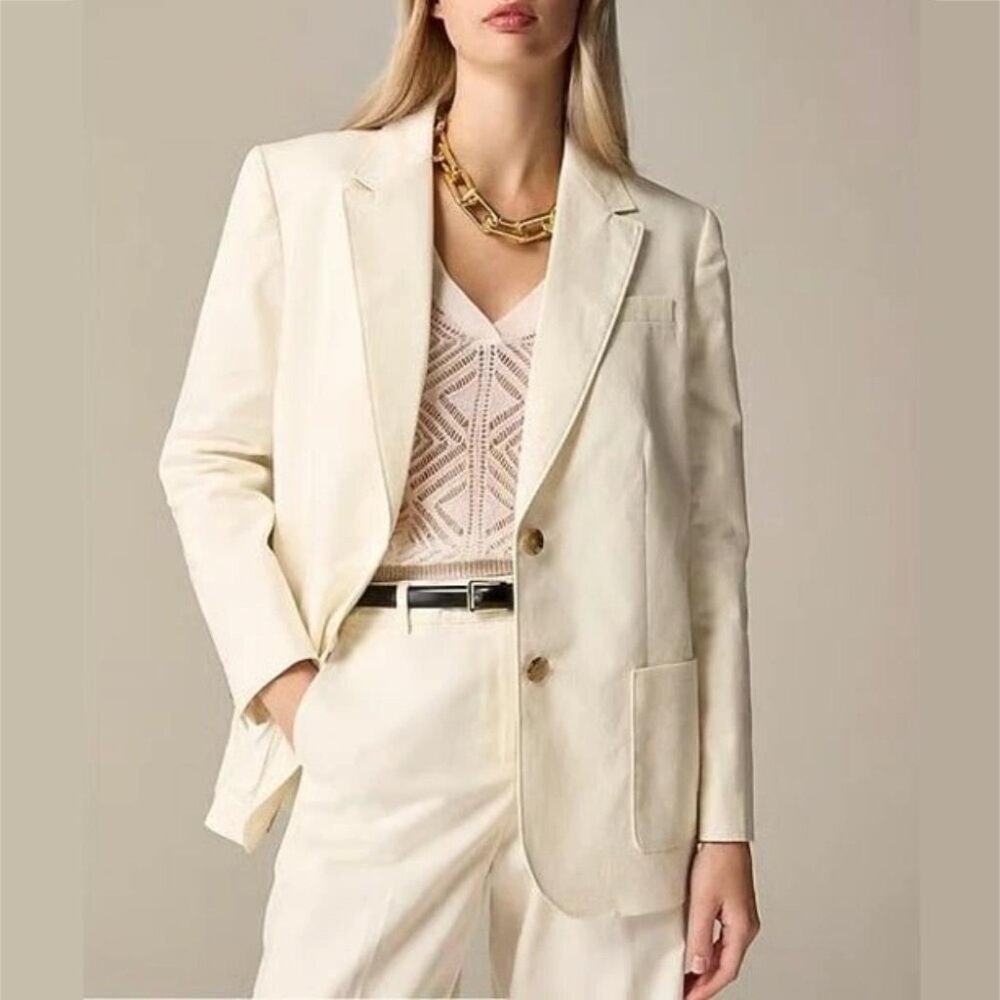 J. Crew relaxed patch-pocket blazer cotton linen oversized suit jacket white - Picture 1 of 9